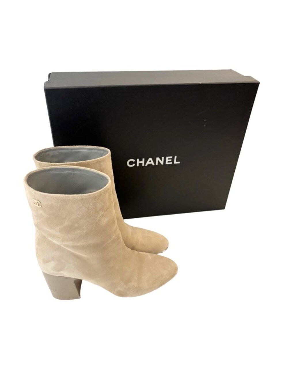 Chanel CC Logo Suede short Boots Beige EU 40 US 10 neutral heel round toe bootie
